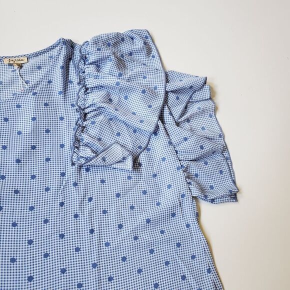NEW 3X POLKA DOT CHECK RUFFLE SHORT SLEEVE blue white cold shoulder TOP NWT - Picture 3 of 4